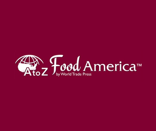 Logo for AtoZ Food America by World Trade Press, featuring a globe with the United States highlighted, and white text on a maroon background.
