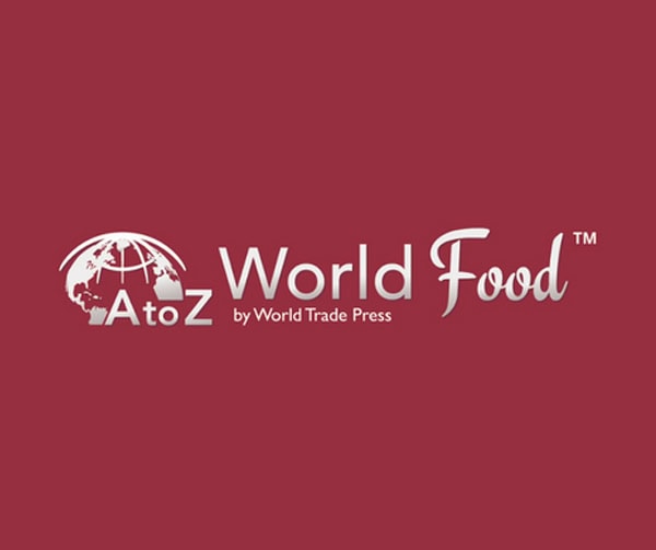 Logo for AtoZ World Food by World Trade Press featuring a globe design and white text on a maroon background.