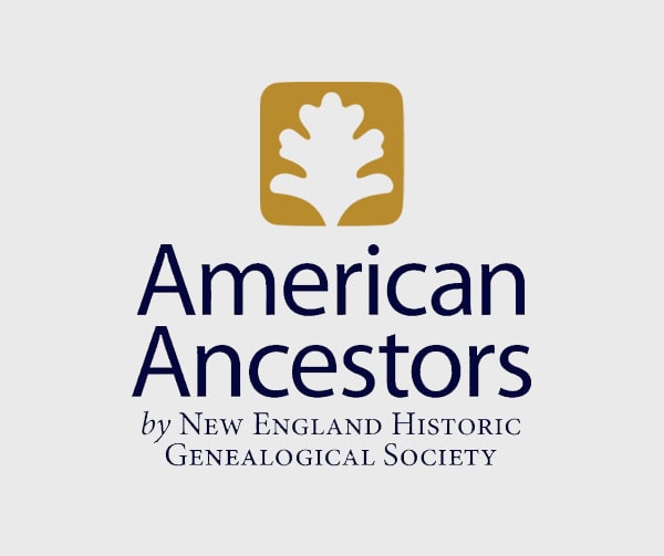 Logo for American Ancestors by New England Historic Genealogical Society, featuring a stylized white oak leaf inside a gold square above the organization’s name in blue text on a light background.