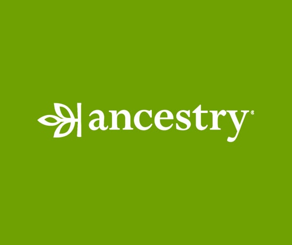 White ancestry logo with a stylized leaf icon on a solid green background.
