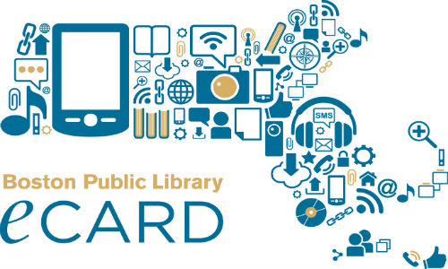 Stylized illustration of technology and media icons forming the shape of Massachusetts, with “Boston Public Library eCard” text below. Icons include a tablet, headphones, books, cloud, and chat bubbles.