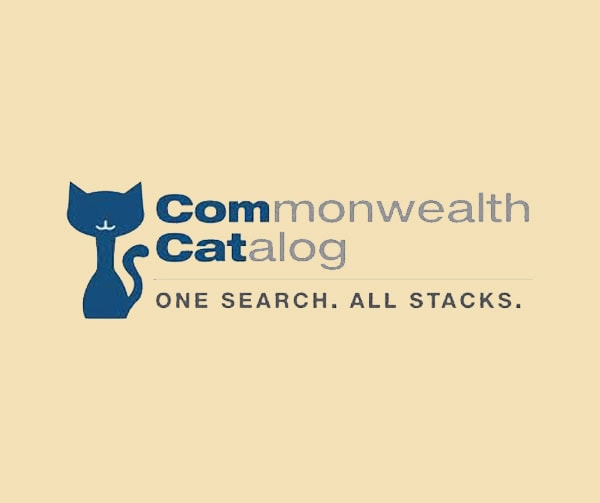 Logo for Commonwealth Catalog featuring a stylized blue cat next to the text Commonwealth Catalog and the tagline One Search. All Stacks. on a pale yellow background.