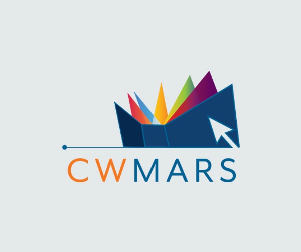 Logo featuring an open dark blue book with colorful spikes resembling book pages and a white mouse cursor. Below, text reads CW MARS with CW in orange and MARS in blue.