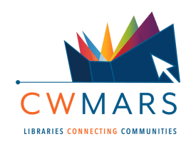 CW MARS logo with an open blue book, colorful pages, and a computer cursor. Text below reads “CW MARS” and “Libraries Connecting Communities.”.