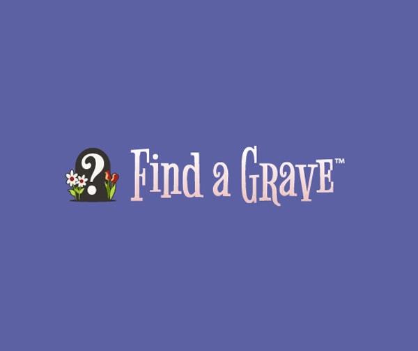 Find a Grave logo with a black gravestone featuring a white question mark and flowers, next to the text “Find a Grave” on a purple background.