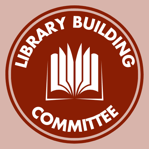 A circular maroon logo with the words Library Building Committee in white around an open book graphic in the center.