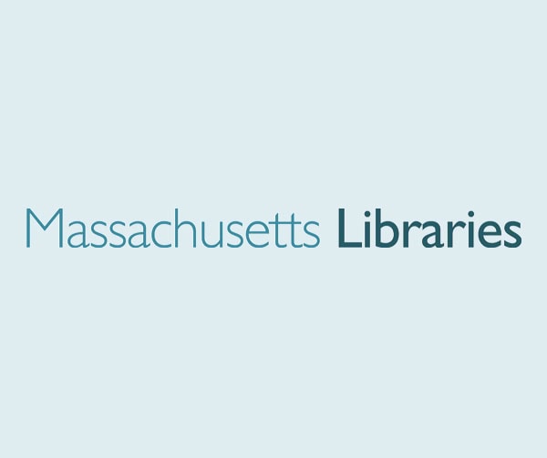 Text logo reading Massachusetts Libraries with Massachusetts in a thin blue font and Libraries in bold dark blue font on a light blue background.