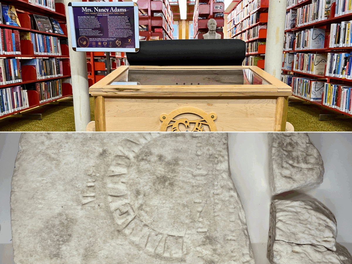 Top: A library display case with a plaque about Mrs. Nancy Adams, surrounded by bookshelves. Bottom: Broken pieces of a weathered stone with faint circular markings and inscriptions.