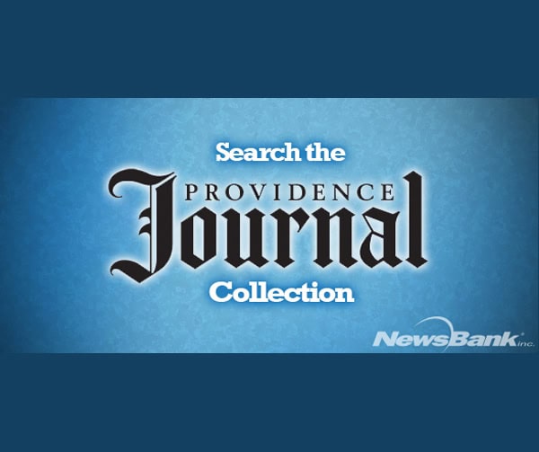Blue graphic with the text: “Search the Providence Journal Collection” in white and black lettering, with the NewsBank logo in the bottom right corner.