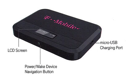 A black rectangular T-Mobile device with an LCD screen, a Power/Wake Device Navigation Button, and a labeled micro-USB charging port. The T-Mobile logo is printed on the top.