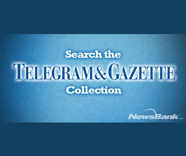 White text on a blue background reads, Search the Telegram & Gazette Collection. The NewsBank Inc. logo appears in the bottom right corner.