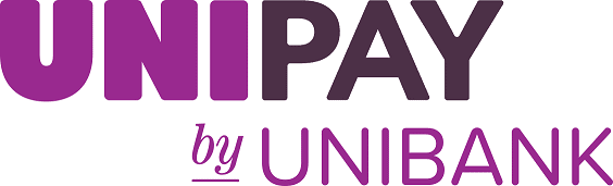 UNIPAY by UNIBANK logo with UNIPAY in bold purple letters above by UNIBANK in a lighter purple script and uppercase font.