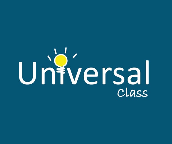 Universal Class logo with a lightbulb as the dot over the i in Universal and the word Class written in script on a teal background.